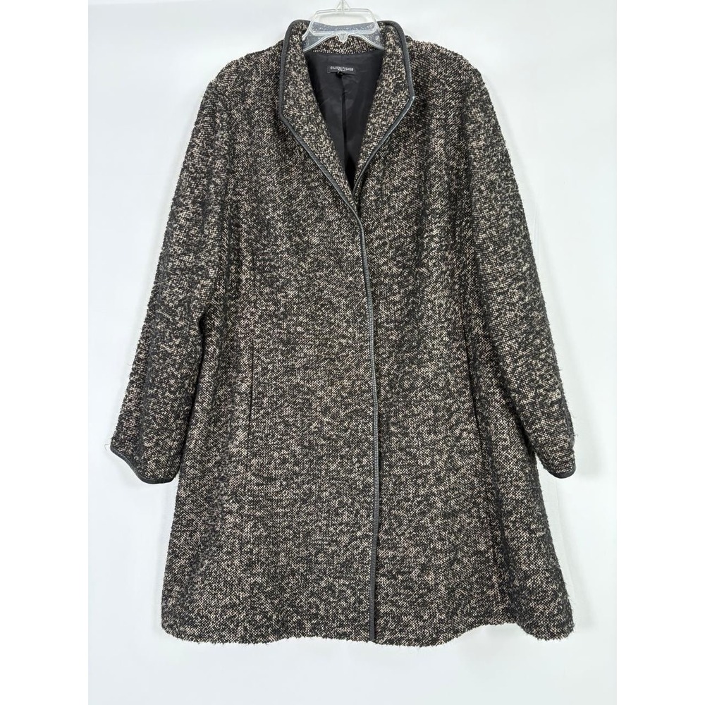Eileen Fisher Coat Womens 2X Gray Tweed Wool Collarless Leather Trim Overcoat